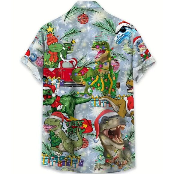 T Rex Dino Christmas Graphics Hawaiian Collared Casual Party Shirt Men's XXL #L - Picture 2 of 5